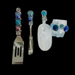 Handcrafted beaded 4 piece wire set spatula, cup, scooper, spreader set Artisan